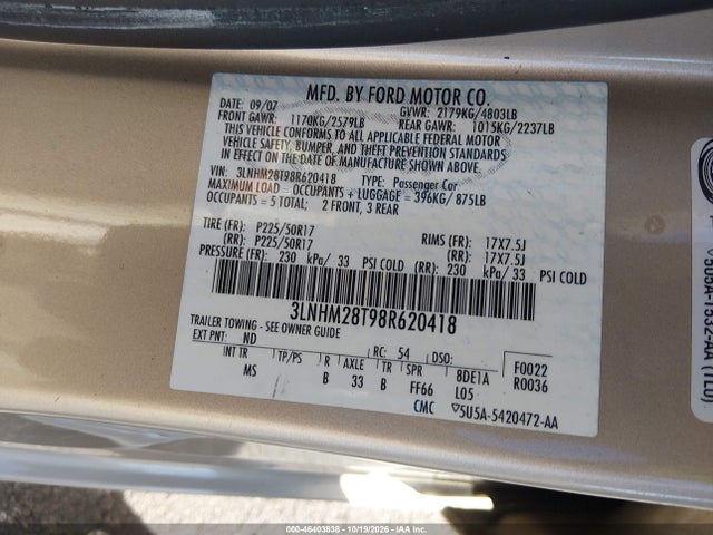 Продаж на аукціоні авто 2008 Lincoln Mkz, vin: 3LNHM28T98R620418, номер лоту: 46403838