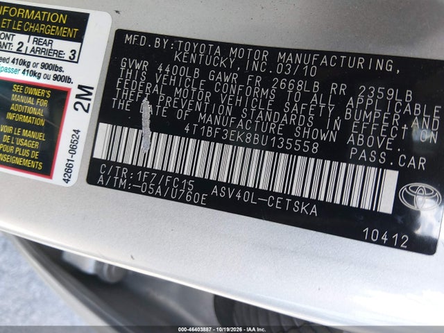 46403887 :رقم المزاد ، 4T1BF3EK8BU135558 vin ، 2011 Toyota Camry Se مزاد بيع