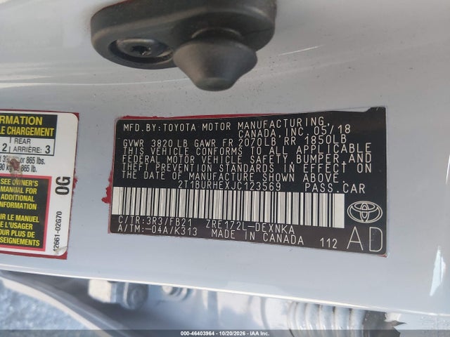46403964 :رقم المزاد ، 2T1BURHEXJC123569 vin ، 2018 Toyota Corolla Le مزاد بيع