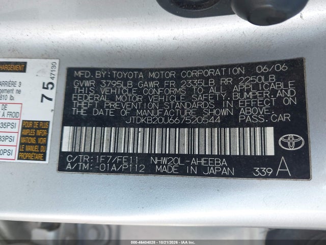 Aukcja sprzedaży 2006 Toyota Prius, vin: JTDKB20U667520544, numer aukcji: 46404028