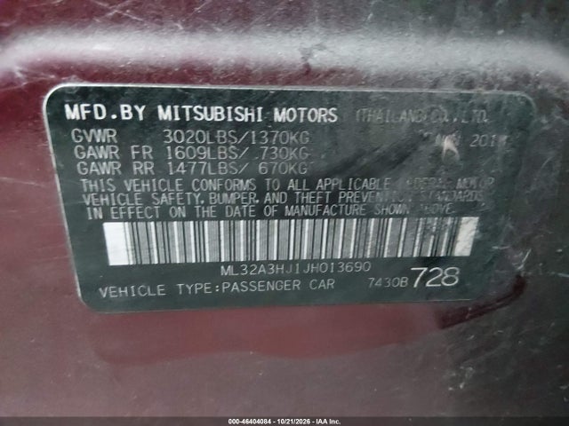 2018 Mitsubishi Mirage Es მანქანა იყიდება აუქციონზე, vin: ML32A3HJ1JH013690, აუქციონის ნომერი: 46404084