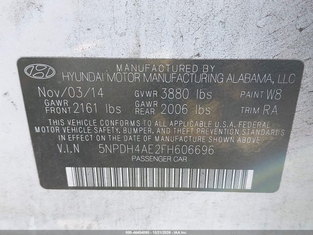 Aukcja sprzedaży 2015 Hyundai Elantra Se, vin: 5NPDH4AE2FH606696, numer aukcji: 46404090