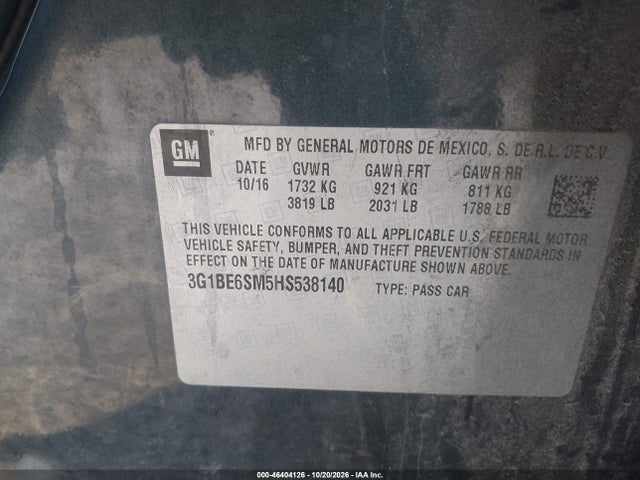 Продажа на аукционе авто 2017 Chevrolet Cruze Lt Auto, vin: 3G1BE6SM5HS538140, номер лота: 46404126