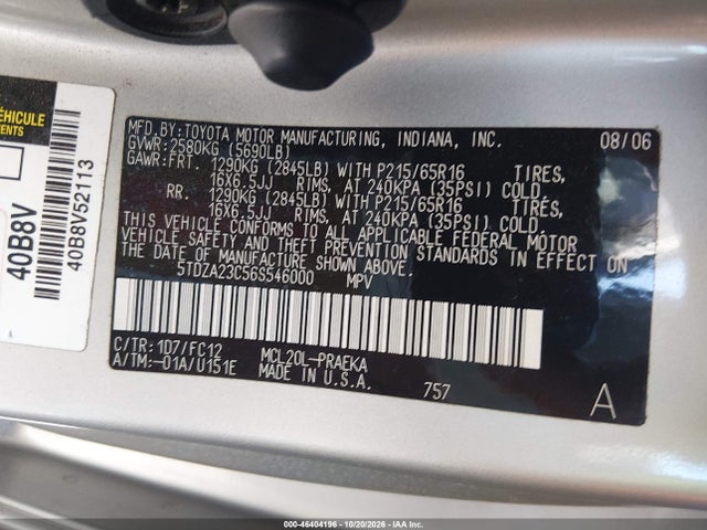 Aukcja sprzedaży 2006 Toyota Sienna Le, vin: 5TDZA23C56S546000, numer aukcji: 46404196