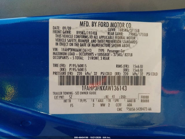 Aukcja sprzedaży 2010 Ford Focus Se, vin: 1FAHP3FNXAW136143, numer aukcji: 46404198