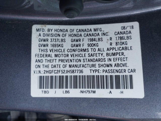 46404219 :رقم المزاد ، 2HGFC2F52JH587736 vin ، 2018 Honda Civic Lx مزاد بيع