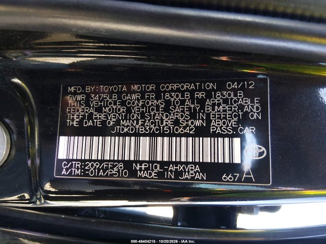 46404218 :رقم المزاد ، JTDKDTB37C1510642 vin ، 2012 Toyota Prius C Two مزاد بيع