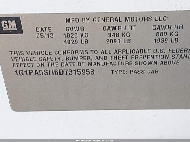 Продажа на аукционе авто 2013 Chevrolet Cruze Ls Auto, vin: 1G1PA5SH6D7315953, номер лота: 46404239