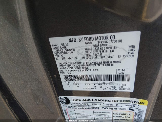 2012 Ford F-150 Fx4 მანქანა იყიდება აუქციონზე, vin: 1FTFW1ET2CFC51993, აუქციონის ნომერი: 46404248