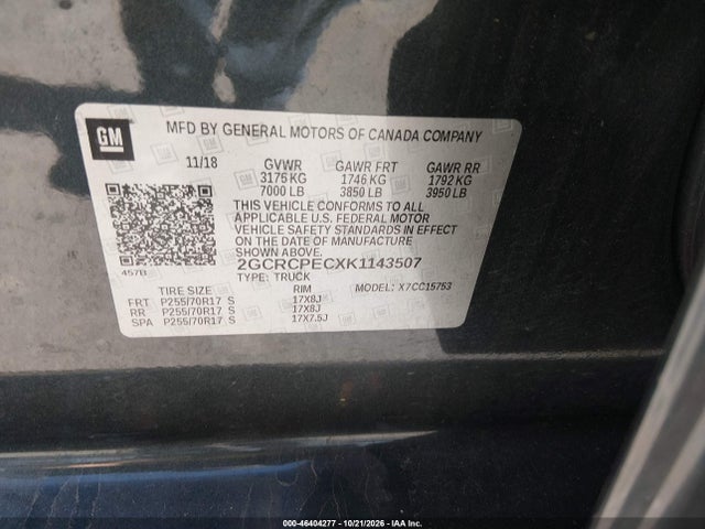 46404277 :رقم المزاد ، 2GCRCPECXK1143507 vin ، 2019 Chevrolet Silverado 1500 Ld Lt مزاد بيع