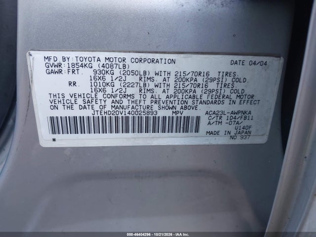 Продажа на аукционе авто 2004 Toyota Rav4, vin: JTEHD20V140025893, номер лота: 46404296