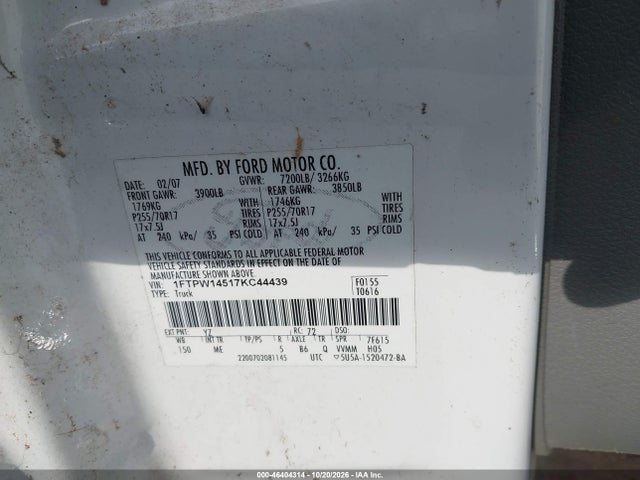 46404314 :رقم المزاد ، 1FTPW14517KC44439 vin ، 2007 Ford F-150 Fx4/lariat/xlt مزاد بيع