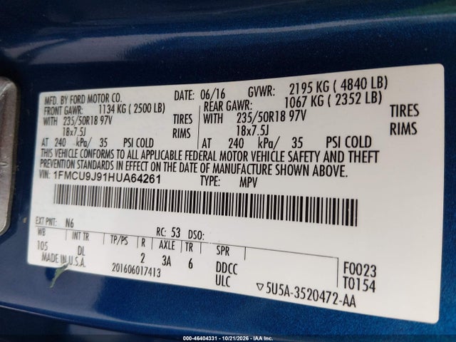 Aukcja sprzedaży 2017 Ford Escape Titanium, vin: 1FMCU9J91HUA64261, numer aukcji: 46404331