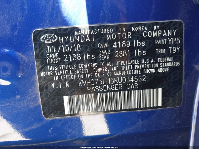 Продаж на аукціоні авто 2019 Hyundai Ioniq Electric, vin: KMHC75LH5KU034532, номер лоту: 46404354