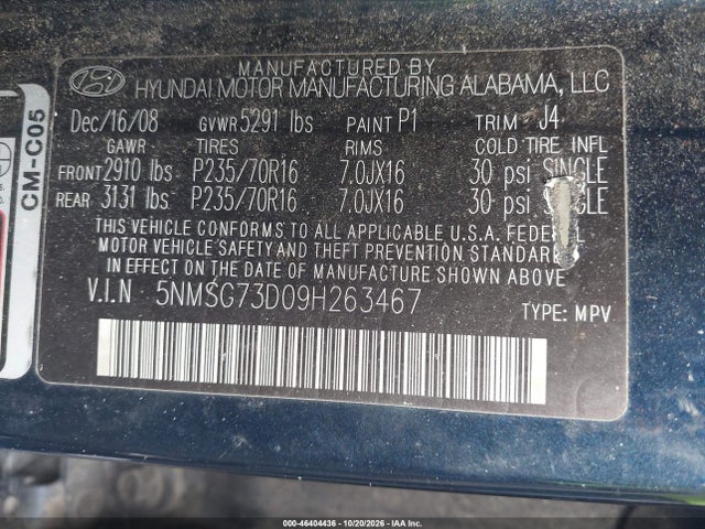 Aukcja sprzedaży 2009 Hyundai Santa Fe Gls, vin: 5NMSG73D09H263467, numer aukcji: 46404436