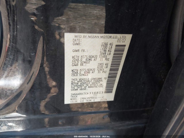 Продаж на аукціоні авто 2012 Nissan Titan Sl, vin: 1N6AA0EC7CN316813, номер лоту: 46404456