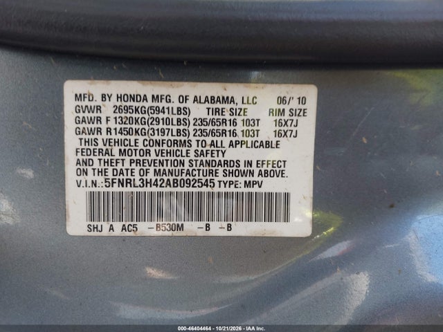 2010 Honda Odyssey Ex მანქანა იყიდება აუქციონზე, vin: 5FNRL3H42AB092545, აუქციონის ნომერი: 46404464