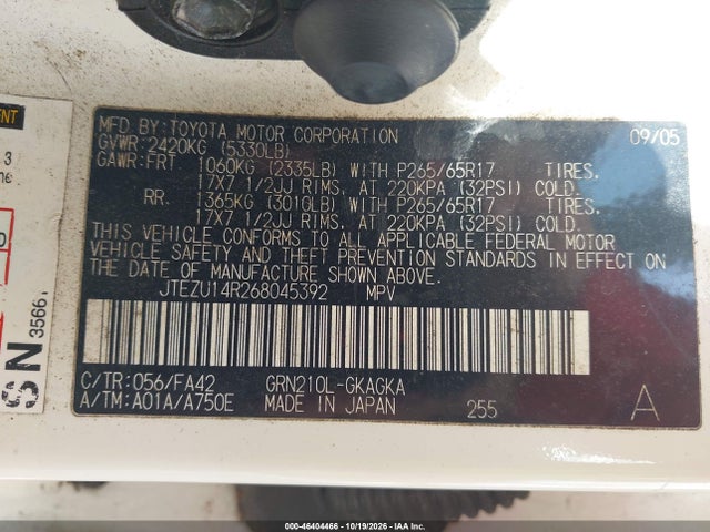 46404466 :رقم المزاد ، JTEZU14R268045392 vin ، 2006 Toyota 4runner Sr5 V6 مزاد بيع