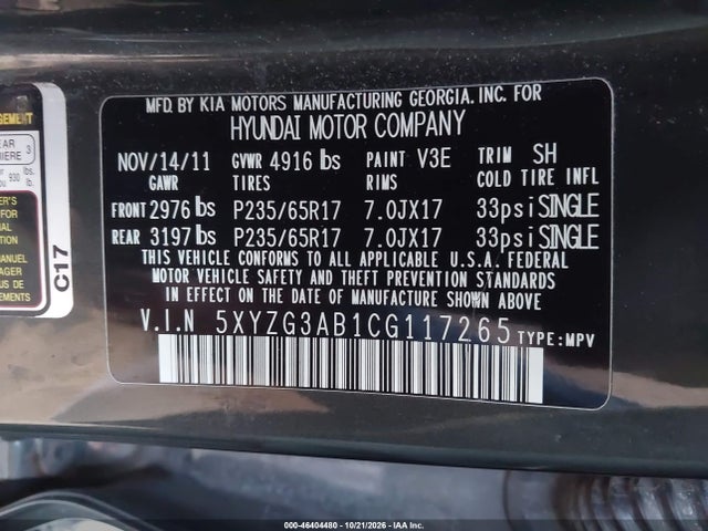 Продаж на аукціоні авто 2012 Hyundai Santa Fe Gls, vin: 5XYZG3AB1CG117265, номер лоту: 46404480