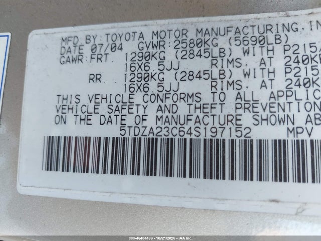 Продаж на аукціоні авто 2004 Toyota Sienna Le, vin: 5TDZA23C64S197152, номер лоту: 46404489