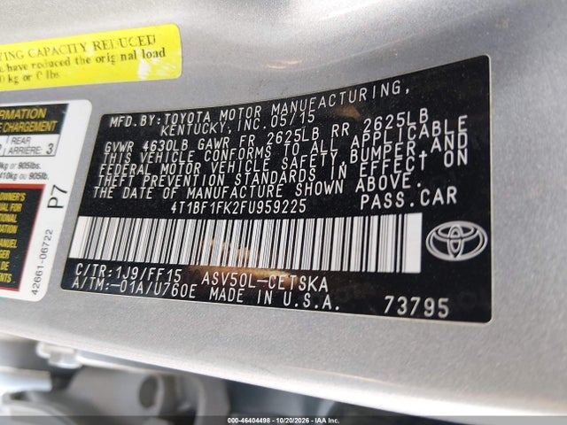 46404498 :رقم المزاد ، 4T1BF1FK2FU959225 vin ، 2015 Toyota Camry Se مزاد بيع