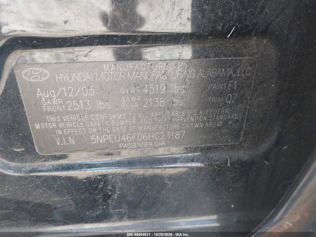 Продаж на аукціоні авто 2006 Hyundai Sonata Gls V6/lx V6, vin: 5NPEU46F06H023187, номер лоту: 46404531