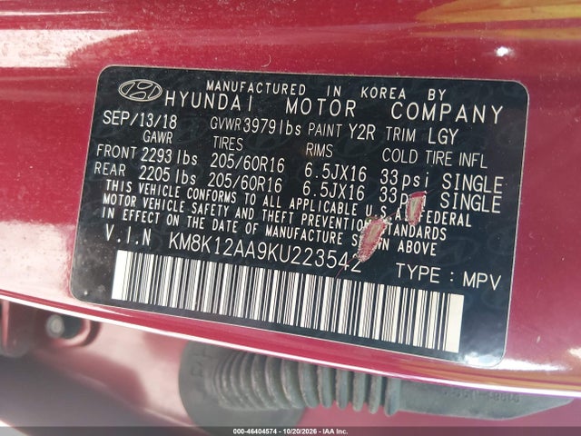 2019 Hyundai Kona Se მანქანა იყიდება აუქციონზე, vin: KM8K12AA9KU223542, აუქციონის ნომერი: 46404574