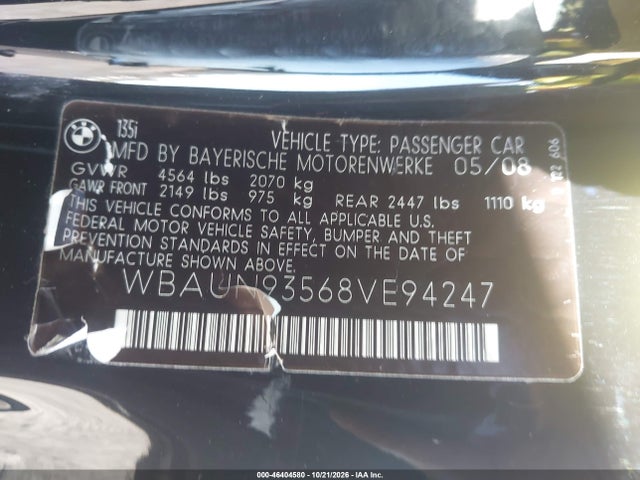 Aukcja sprzedaży 2008 Bmw 135i, vin: WBAUN93568VE94247, numer aukcji: 46404580