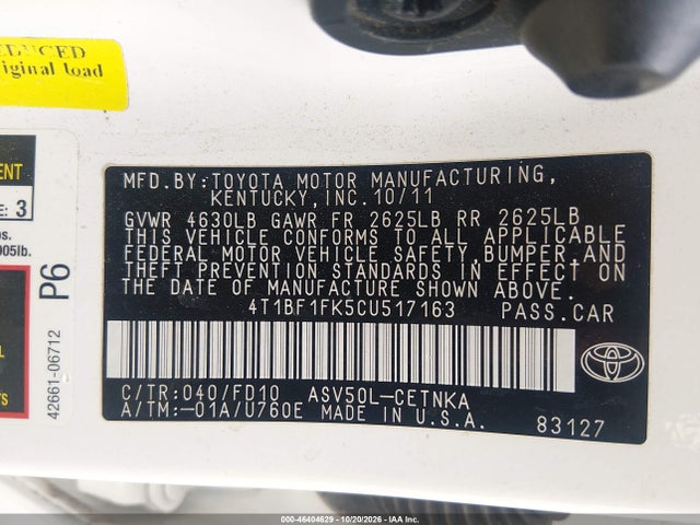 Aukcja sprzedaży 2012 Toyota Camry Le, vin: 4T1BF1FK5CU517163, numer aukcji: 46404629