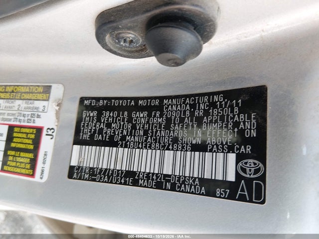 46404633 :رقم المزاد ، 2T1BU4EE8BC748836 vin ، 2011 Toyota Corolla S مزاد بيع