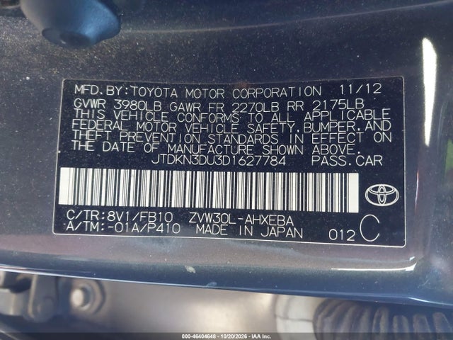 Продаж на аукціоні авто 2013 Toyota Prius Three, vin: JTDKN3DU3D1627784, номер лоту: 46404648