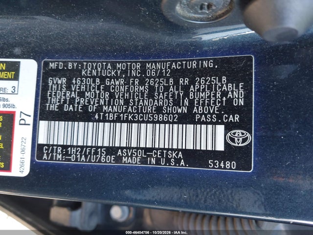 46404756 :رقم المزاد ، 4T1BF1FK3CU598602 vin ، 2012 Toyota Camry Se مزاد بيع