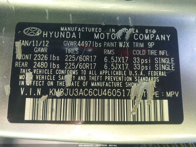 Aukcja sprzedaży 2012 Hyundai Tucson Gls, vin: KM8JU3AC6CU460517, numer aukcji: 46404787