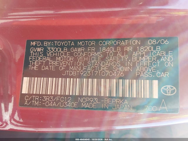 Продаж на аукціоні авто 2007 Toyota Yaris, vin: JTDBT923171070476, номер лоту: 46404845