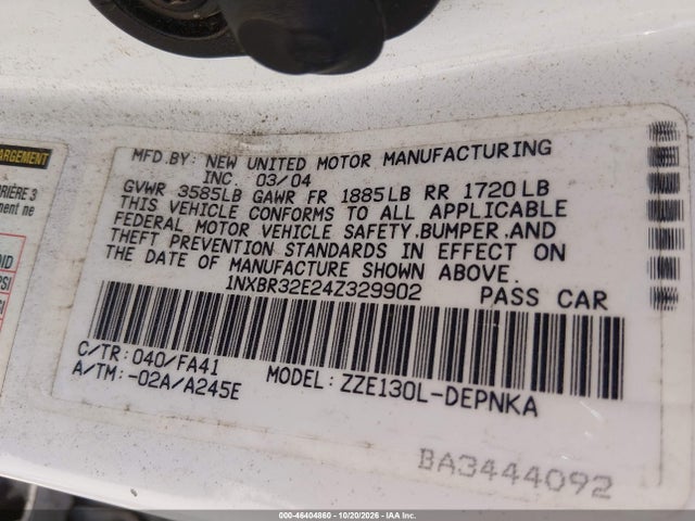 46404860 :رقم المزاد ، 1NXBR32E24Z329902 vin ، 2004 Toyota Corolla Le مزاد بيع