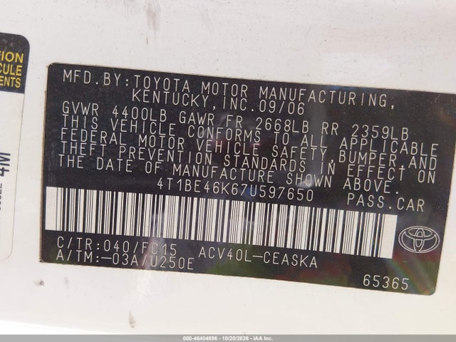 46404896 :رقم المزاد ، 4T1BE46K67U597650 vin ، 2007 Toyota Camry Se مزاد بيع