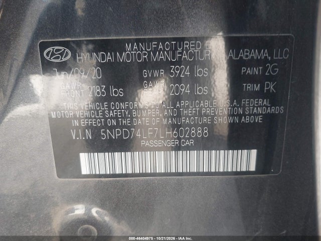 Aukcja sprzedaży 2020 Hyundai Elantra Se, vin: 5NPD74LF7LH602888, numer aukcji: 46404975