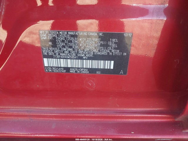 46405120 :رقم المزاد ، 2T3DF4DV4CW259541 vin ، 2012 Toyota Rav4 Limited مزاد بيع