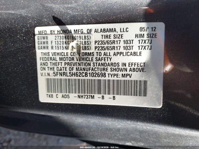 Aukcja sprzedaży 2012 Honda Odyssey Ex-l, vin: 5FNRL5H62CB102698, numer aukcji: 46405136