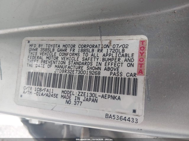 Aukcja sprzedaży 2003 Toyota Corolla Le, vin: JTDBR32E730019268, numer aukcji: 46405194