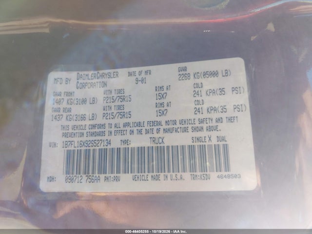 46405255 :رقم المزاد ، 1B7FL16X92S527134 vin ، 2002 Dodge Dakota مزاد بيع