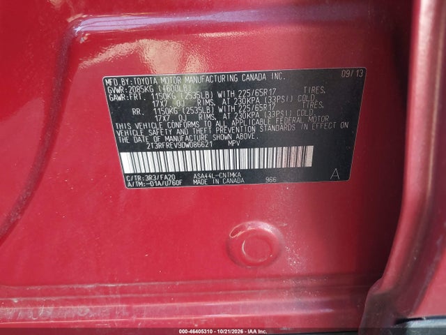 Продажа на аукционе авто 2013 Toyota Rav4 Xle, vin: 2T3RFREV9DW086621, номер лота: 46405310