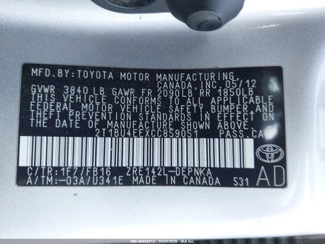 Aukcja sprzedaży 2012 Toyota Corolla Le, vin: 2T1BU4EEXCC859051, numer aukcji: 46405313