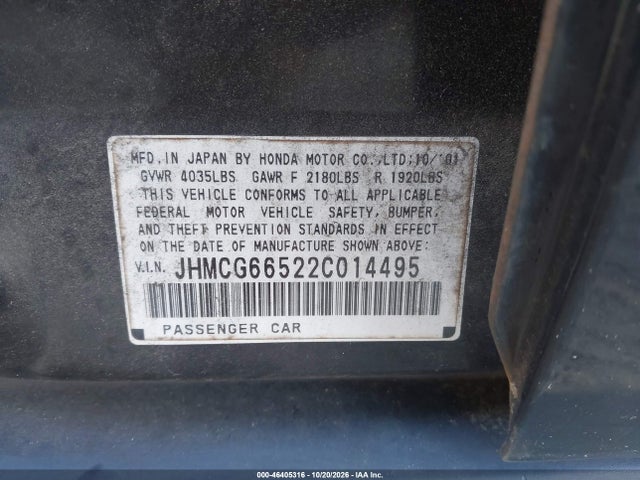 46405316 :رقم المزاد ، JHMCG66522C014495 vin ، 2002 Honda Accord 2.3 Lx مزاد بيع