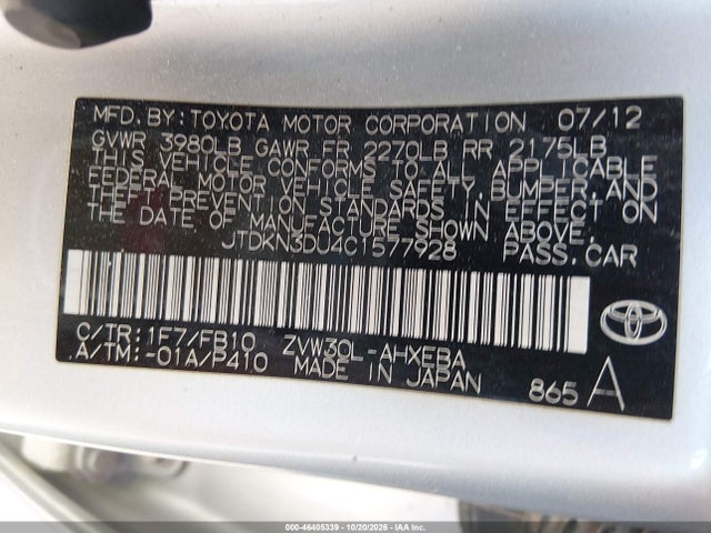 Aukcja sprzedaży 2012 Toyota Prius Three, vin: JTDKN3DU4C1577928, numer aukcji: 46405339