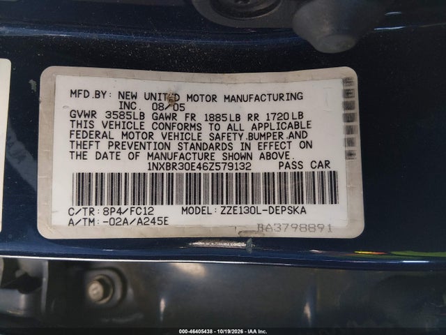 2006 Toyota Corolla S მანქანა იყიდება აუქციონზე, vin: 1NXBR30E46Z579132, აუქციონის ნომერი: 46405438