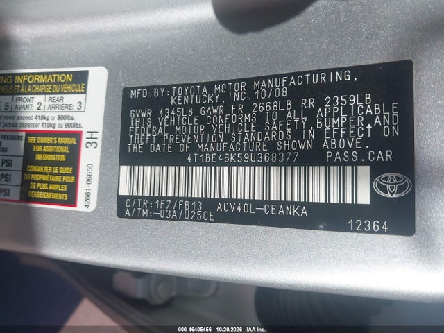 Продаж на аукціоні авто 2009 Toyota Camry Le, vin: 4T1BE46K59U368377, номер лоту: 46405456