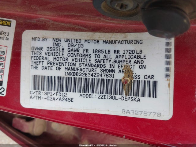 46405507 :رقم المزاد ، 1NXBR32E34Z247631 vin ، 2004 Toyota Corolla S مزاد بيع