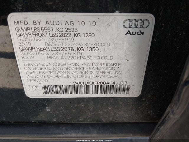 Aukcja sprzedaży 2011 Audi Q5 3.2 Premium Plus, vin: WA1DKAFP0BA049387, numer aukcji: 46405612