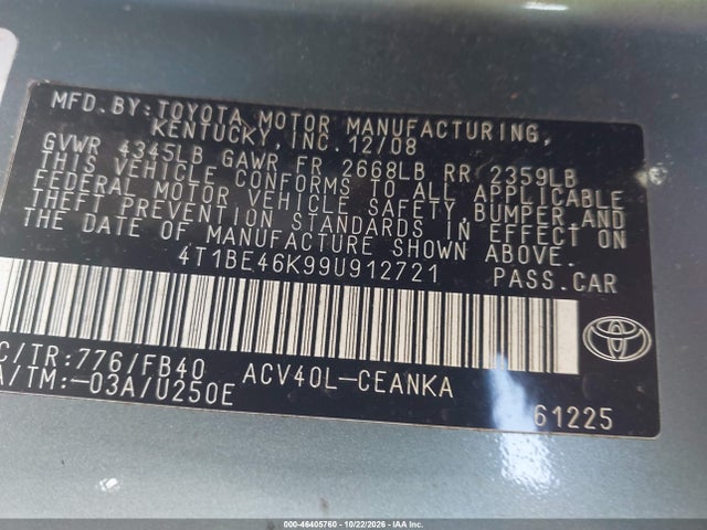 46405760 :رقم المزاد ، 4T1BE46K99U912721 vin ، 2009 Toyota Camry Le مزاد بيع
